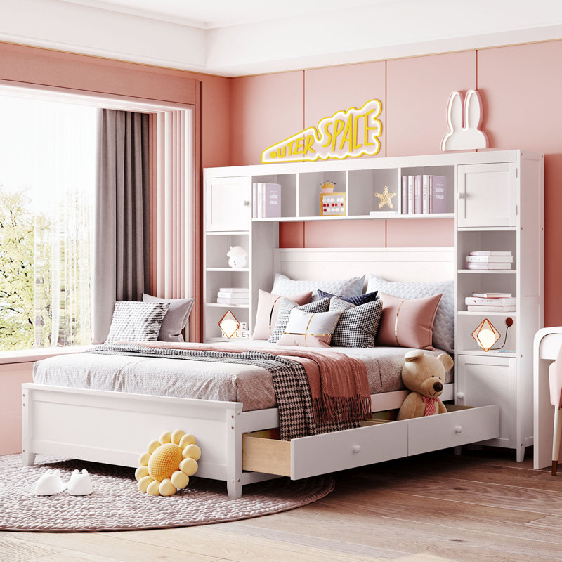 Full size white wooden bed featuring built in cabinet and shelf compact all in one bedroom furniture